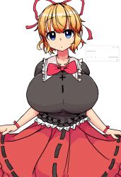 alternate_breast_size blonde_female blonde_hair blue_eyes bow female gigantic_breasts huge_breasts looking_at_viewer medicine_melancholy necklace neckwear red_bow red_dress red_neckwear red_ribbon ribbon short_hair sukoburukurage tagme touhou