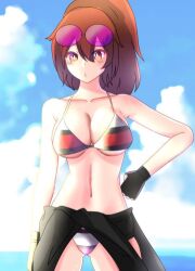 artist_request beach belly_button bikini breasts female friday_night_funkin hand_on_waist looking_at_viewer ponytail sunglasses_on_head sweater_around_waist tactie_(trake)