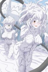 2girls akatsuki_kirika bent_over big_breasts blush breasts censored cream duo female girl_in_food green_eyes hair harumamessy messy nude one_eye_closed open_mouth orange_eyes senki_zesshou_symphogear short_hair tachibana_hibiki_(symphogear) thigh_gap wam whipped_cream wink