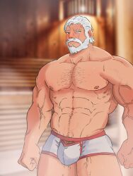 1boy bara beard big_penis bulge hairy hairy_male himbo jyjy male male_only muscular muscular_male overwatch reinhardt sauna self_upload solo sweat underwear