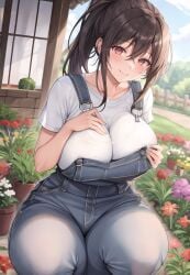 1girls ai_generated breasts brown_eyes brown_hair clothed farm female garden gardener huge_breasts large_breasts light_skin long_hair nai_diffusion original original_character overalls shirt smile stable_diffusion stuffyai thick_thighs white_shirt wide_hips