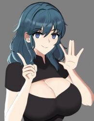 1girls black_shirt blue_eyes blue_hair breasts byleth_(fire_emblem) byleth_(fire_emblem)_(female) cleavage cleavage_cutout clothing_cutout commentary desspie female female_only fire_emblem fire_emblem:_three_houses grey_background hands_up highres large_breasts long_hair looking_at_viewer nintendo shirt smile solo upper_body