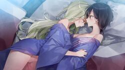 2girls black_hair blonde_hair blue_eyes brown_eyes censored closed_mouth clothes_down collarbone dsmile from_side furutachi_ren futon game_cg hayahoshi_akuru japanese_clothes kimono long_hair looking_at_another mosaic_censoring multiple_girls open_clothes open_kimono open_mouth oshi_no_love_yori_koi_no_love pillow purple_kimono shiny shiny_hair short_hair straight_hair very_long_hair yukata yuri