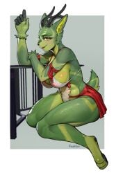 antlers big_breasts breasts female furry furry_female green_fur janjin192 minimal_clothing natsu_(natsu_o3o) red_bottomwear tagme yellow_eyes