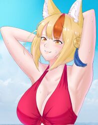 1girls alternate_costume animal_ears armpits bikini blonde_hair breasts cat_neko_cat1 cleavage female female_only fire_emblem fire_emblem_fates fox_girl kitsune large_breasts multicolored_hair nintendo orange_eyes red_bikini red_swimsuit selkie_(fire_emblem) short_hair sideboob smile solo swimsuit upper_body wet