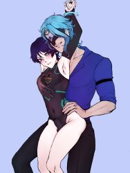 2boys adamvolkovv black_bottomwear black_pants blue_hair blue_shirt blue_topwear dottore_(genshin_impact) eye_mask genshin_impact larger_male lavender_background leotard light_blue_hair male male_only purple_hair scaramouche_(genshin_impact) size_difference smaller_male yaoi