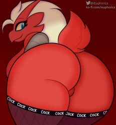 anthro ass blaziken clothing euphorica female fishnet generation_3_pokemon genitals hi_res legwear lingerie looking_back nintendo pokémon_(species) pokemon pokemon_(species) pussy raised_tail rear_view slut_thigh_highs solo text text_on_clothing thigh_highs video_games