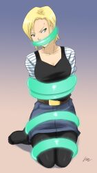 android_18 arms_tied_behind_back blonde_hair blue_eyes bondage bound_legs dragon_ball dragon_ball_z gag gagged looking_at_viewer lostonezero