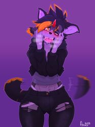 1boy 1femboy anixis anthro blush bodily_fluids drool femboy furry girly happy heart_pupils jockstrap looking_at_viewer open_mouth open_smile pants saliva saliva_string smile smiling_at_viewer standing tail tail_wagging tight_clothing tight_pants torn_clothes