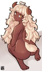 amber_eyes anthro artist_logo cute dark_skin horn horns long_hair looking_at_viewer looking_back nude on_knees sheep_girl small_breasts tagme tagme_(artist) tail vanilla_(maybelle) white_hair wholesome