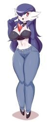 big_breasts blush body_blush breasts chandra_(lucyfercomic) choker cleavage clothed clothing female game_freak gardevoir hair_over_one_eye hourglass_figure jeans long_hair long_purple_hair looking_at_viewer lucyfercomic midriff navel nintendo pants pokémon_(species) pokemon pokemon_(species) purple_hair red_eyes shoes smile thick_thighs white_background wide_hips