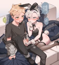 2boys animal_ears bangs bare_shoulders black_leotard blonde_hair blue_eyes blush bulge chinese_commentary clothed_sex collarbone commentary_request couch covering_mouth crossdressing detached_collar erection fake_animal_ears fake_tail femboy fishnet_thighhighs fishnets flying_sweatdrops full_body girly gloves green_eyes hair_between_eyes hairband handjob heart high_heels highleg highleg_leotard highres leotard male male_focus male_only male_playboy_bunny ming_(5unri5e666) motion_lines multiple_boys neck_ribbon oerba_yun_fang on_couch original otoko_no_ko paid_reward_available penis pillow rabbit_ears rabbit_tail ribbon short_hair sitting skin_fang speech_bubble spoken_heart strapless strapless_leotard sweat tail thighhighs thought_bubble trap uncensored wariza white_gloves white_hair yaoi