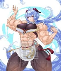 abs big_breasts big_muscles blue_hair female female_only ganyu_(genshin_impact) genshin_impact hyper hyper_muscles muscular muscular_female straight_hair tireimisu