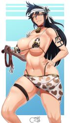 1girls 2022 animal_print arm_tattoo artist_name artist_signature bandages big_breasts bikini black_hair bleach blue_eyes breasts castell choker cleavage cow_girl cow_print cow_print_bikini cowbell cowboy_shot dated feet_out_of_frame highleg highleg_panties highres holding_object huge_breasts impossible_swimsuit kukaku_shiba large_breasts leg_strap light-skinned_female light_skin long_hair mature mature_female mature_woman micro_bikini missing_arm neckwear nipple_rings pinup prosthetic prosthetic_arm raised_eyebrow rings skimpy skimpy_bikini skirt smile smirk swimsuit tattoo turban very_long_hair voluptuous whip