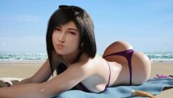 1girls 3d ass ass_up beach bikini black_hair earrings female final_fantasy final_fantasy_vii final_fantasy_vii_remake glasses hi_res inchaste light-skinned_female light_skin long_hair looking_at_viewer on_stomach outdoors pinup pose red_eyes seaside solo solo_female solo_focus sunbathing tifa_lockhart