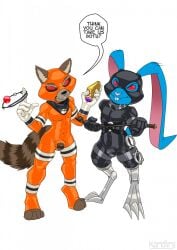 2022 anthro ball_gag biped blackjack_o'hare blue_body blue_fur bodysuit bondage brown_body brown_fur buckteeth bulge buttplug clothed clothing cuff_(restraint) dialogue digital_drawing_(artwork) digital_media_(artwork) duo english_text fur gag gagged glistening guardians_of_the_galaxy handcuffs harness hi_res kandlin lagomorph leporid long_ears looking_at_viewer male mammal marvel metal_cuffs neckerchief orange_clothing pink_nose plug_(sex_toy) procyonid rabbit raccoon red_eyes restraints riding_crop rocket_raccoon rubber sex_toy simple_background skinsuit smile smooth_fur teeth text tight_clothing whip white_background