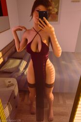 1girls 3d athletic athletic_female big_breasts breasts brown_eyes brown_hair busty cleavage dress female female_focus female_only full_body going_commando hourglass_figure indoors lara_croft lara_croft_(survivor) large_breasts long_hair mirror_selfie no_panties nopan nylons pelvic_curtain ponytail red_dress selfie solo solo_female soulartmatter standing stockings tagme tomb_raider wide_hips