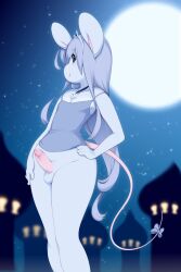 2022 anthro balls blue_body blue_eyes blue_hair blush bottomless clothed clothing femboy genitals girly hair hi_res looking_at_viewer male mammal miu moon mouse murid murine penis rodent smile smiling_at_viewer solo