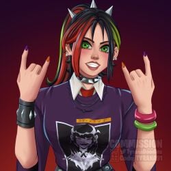 1girls 2d choker female female_only fortnite green_eyes helsie_(fortnite) hi_res light-skinned_female light_skin multicolored_hair shirt smile solo straight_hair tagme teeth tyrana