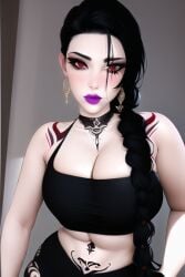 ai_generated big_breasts black_hair crown curvy curvy_body curvy_female goth goth_girl gothic lips lipstick looking_at_viewer makeup milf mommy_kink mother nai_diffusion nipples purple_lipstick red_eyes seductive seductive_eyes seductive_look seductive_mouth stable_diffusion tattoo thigh_clothes thighs voluptuous voluptuous_female