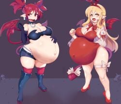 2girls alternate_version_available angry blonde_hair boots choker cleavage demon_girl demon_tail demon_wings disgaea earrings etna female_only flonne hair_ornament hand_on_stomach leg_ribbon leotard nippon_ichi_software palitexx pointy_ears pregnant ready_to_pop red_eyes red_hair red_leotard tagme tail tail_ribbon thick_thighs twintails unusual_pupils wings