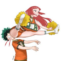 1boy 1girls aki-chan_(dismaiden) ass ass_in_face big_breasts bouncing_breasts cheerleader cheerleader_uniform dismaiden facesitting female hime_cut izuku_midoriya knee_socks kneehighs kneesocks my_hero_academia nosebleed panties socks splits spread_legs upskirt white_socks