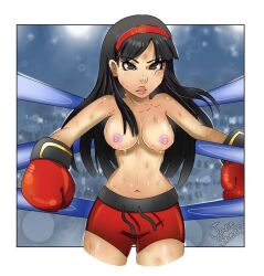 1girls amagi_yukiko black_hair boxing boxing_gloves boxing_ring breasts bruised female female_only gloves light_skin long_hair nipples persona persona_4 red_boxing_gloves red_gloves shorts solo tagme topless topless_boxing