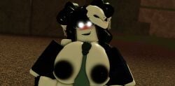 3d black_hair black_long_gloves black_thighhighs blush deep_owl_(deepwoken) deepwoken disembodied_penis front_view glowing_eyes happy moosty paizuri roblox roblox_game robloxian self_upload side_view sweating tagme titjob vesperian_(deepwoken) white_skin