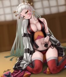 1girls asian_female big_breasts cleavage daki_(kimetsu_no_yaiba) demon_slayer dismaiden female female_only japanese_clothes kimetsu_no_yaiba light-skinned_female navel shounen_jump