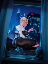 1girls 2022 3d ass big_ass big_breasts blonde_hair blush blushing breasts bubble_butt city city_background clothed clothed_female converse dat_ass female female_only fully_clothed gwen_stacy gwen_stacy_(spider-verse) hood looking_at_viewer marvel marvel_comics night open_mouth rhywlad sneakers solo solo_female spider-gwen spider-man:_into_the_spider-verse spider-man_(series) spider_sense squatting straight_hair superhero superheroine thick_thighs thighs undercut voluptuous window