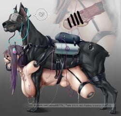 1girls amputee bad_end belly_riding bladder canine censored dog drugged ear_penetration female hanging_breasts harness helpless interspecies oral_penetration purple_eyes purple_hair quadruple_amputee rape restrained sex_toy slave stomach_bulge tattoo vibrator x-ray yakou yakou_(4507770) zoophilia