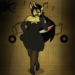 angel bendy_and_the_ink_machine big_breasts black_hair blood cleavage clothed clothed_female dress gloves halo horns long_hair long_hair_female solo susie_campbell sword twisted_alice