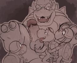 4boys anal anal_sex anthro armor ball_grab ball_lick balls ballsack bowser bowserboy101 claws cum cum_in_ass cum_inside erection feet fellatio foreskin foreskin_folds fully_retracted_foreskin gay genitals group headgear helmet horns humanoid_penis intact koopa koopa_troopa licking male male/male male_only mario_(series) masculine monochrome nintendo nude_male oral oral_sex penetration penis penis_grab perineum scalie scrotum sex shell spiked_shell spikes spikes_(anatomy) super_mario_bros._(2023_film) testicles tongue tongue_out toony uncut veiny_penis video_games