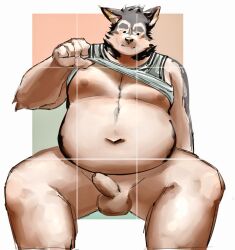 2022 anthro balls belly big_belly blush canid canine canis clothed clothing clothing_lift domestic_dog erection foreskin genitals kemono male mammal moobs navel nipples overweight overweight_male penis shirt shirt_lift sitting solo sur12ta_(artist) topwear