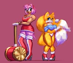 2girls alternate_breast_size amy_rose big_breasts curvy furry hammer high_heel_boots high_heels muscular_female rule_63 shortstack size_difference sonic_(series) sonic_the_hedgehog_(series) syllabunne tails tailsko thick_thighs voluptuous voluptuous_female wedge_heels