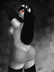 1girls arms_arm ass ass_cleavage back big_breasts black_hair breasts butt_crack demon demon_girl demon_horns female female_only g0regf glowing_eyes grin horn horns huge_ass long_hair looking_at_viewer looking_back phalia red_eyes sideboob succubus thighhighs virgin_killer_sweater