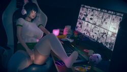 astolfo_bean_plushie bbw female_focus female_only foot_on_table freckles gamer_girl glasses headphones massive_butt masturbating masturbation overweight overweight_female reading_pornography short_hair smelly thick thick_ass thick_thighs wet_pussy