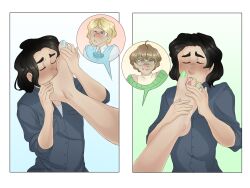 3boys black_hair blonde_hair car color femboy femboydom foot_fetish foot_focus foot_lick foot_worship gay ghia_(puppiechewtoy) gijinka glasses lance_(puppiechewtoy) licking male_feet male_only new_beetle_(puppiechewtoy) oc painted_toenails puppiechewtoy saliva speech_bubble tongue twink unusual_pupils