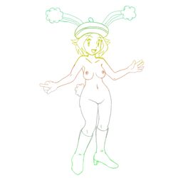 bianca_(pokemon) bottomless breasts buneary_(cosplay) color cosplay exposed_breasts fake_ears fake_tail female female_only front_view fur furry hair hat human human_only long_ears nintendo poke_ball pokemon pokemon_(cosplay) short_hair solo standing tail topless vulva white_background