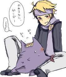 blonde_hair blush clothes color feral fur gengar hair human interspecies male momiko_(dayo) morty_(pokemon) pokemon pokephilia short_hair tagme