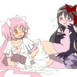 2girls akemi_homura akuma_homura bent_over black_hair blush dress exposure female female_only gloves golden_eyes human leggings lesbian long_hair madoka_kaname mahou_shoujo_madoka_magica multiple_girls pink_hair purple_eyes revealing_clothes ribbons skirt soul_gem surprised sweatdrop thighhighs turning_over ultimate_madoka wide_hips yuri