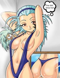 2girls ass ass_envy big_ass big_breasts breast_envy breasts bubble_butt cowboy_shot english_text female female_only humanoid large_breasts long_hair mirror multiple_girls nagi_(tenchi_muyo!) pale-skinned_female pale_skin pointy_chin ryoko_hakubi sling_bikini solo_focus sseanboy23 swimsuit tenchi_muyo! thick_thighs thong thought_bubble villainess wide_hips