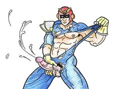 armor big_muscles captain_falcon cum f-zero front_view helmet human male male_only pale_skin penis solo standing tagme