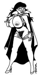 1girls bottomless dc dc_comics dexter_cockburn exposed_breasts female female_only hairy heels large_breasts long_hair monochrome nipples phantom_lady_(dc) pubic_hair sandra_knight simple_background smile thighhighs