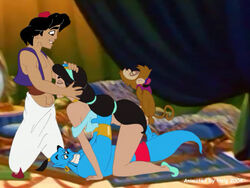 2004 abu_(aladdin) aladdin aladdin_(1992_disney_film) aladdin_(character) arabian arabian_clothes cartoonvalley.com clothed_sex disney disney_prince disney_princess female genie_(aladdin) harem_outfit helg human male oral oral_sex penis princess princess_jasmine straight testicles zoophilia