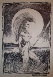 breasts casual casual_nudity female female_only handwear holding_spear human liam_sharp marvel marvel_comics mohawk monochrome mostly_nude ororo_munroe outdoors side_view solo spear storm_(x-men) tagme walking weapon x-men