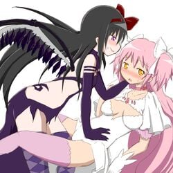 2girls akemi_homura akuma_homura black_hair blush breasts dress female female_only gem gloves golden_eyes hand_on_neck hand_on_stomach human leggings lesbian long_hair looking_to_the_side madoka_kaname mahou_shoujo_madoka_magica multiple_girls pink_hair purple_eyes pushing pushing_down rape_face revealing_clothes ribbon short_twintails skirt soul_gem sweatdrop ultimate_madoka wings yuri