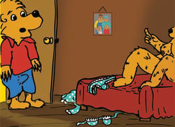 bear bedroom berenstain_bears blue_background bra breasts brother_bear_(character) come_hither erection false_color imminent_incest imminent_sex inviting mama_bear mammal mother_and_son nipples nude nudity on_bed open_door panties underwear