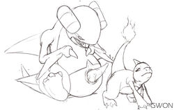 all_fours charmeleon claws female fire gabite interspecies male monochrome nintendo penis pokémon_(species) pokemon sitting size_difference tail tail_fire white_background