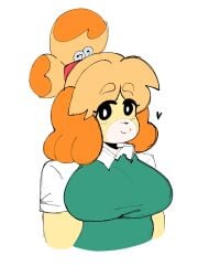 2022 2d animal_crossing animal_crossing:_new_leaf anthro bell_hair_tie big_breasts breasts dog dog_ears dog_girl dork_boi female female_only heart isabelle_(animal_crossing) lewd_dorky looking_at_viewer nintendo office_lady safe_for_work sfw smile smiling_at_viewer solo white_background